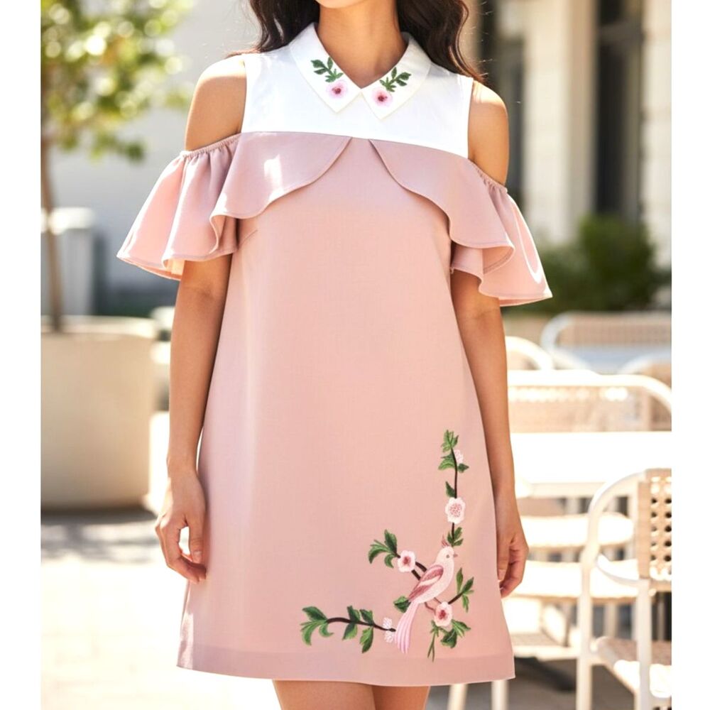 La Pateau Blush Embroidered Bird Ruffle Cold Shoulder Mini Dress Size US 8/EU 40